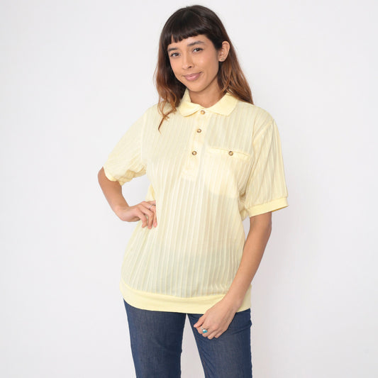 80s Light Yellow Polo Shirt Chest Pocket Banded Hem Men's Medium