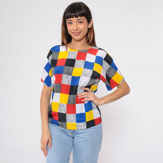 90s Color Block Blouse Primary Colours Black White Flecked Print Short Sleeve Small S