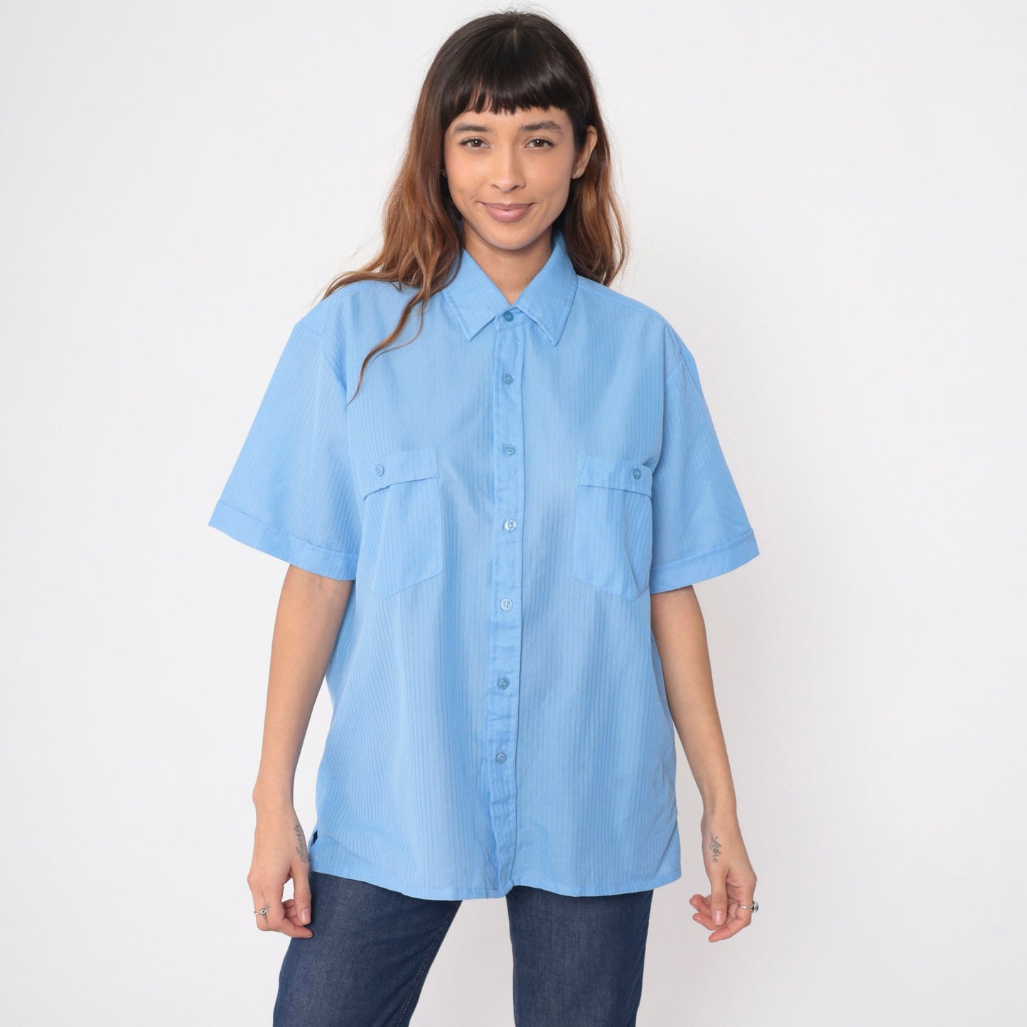 Y2K Haband Light Blue Striped Button Up Shirt Short Sleeve Men's Large L