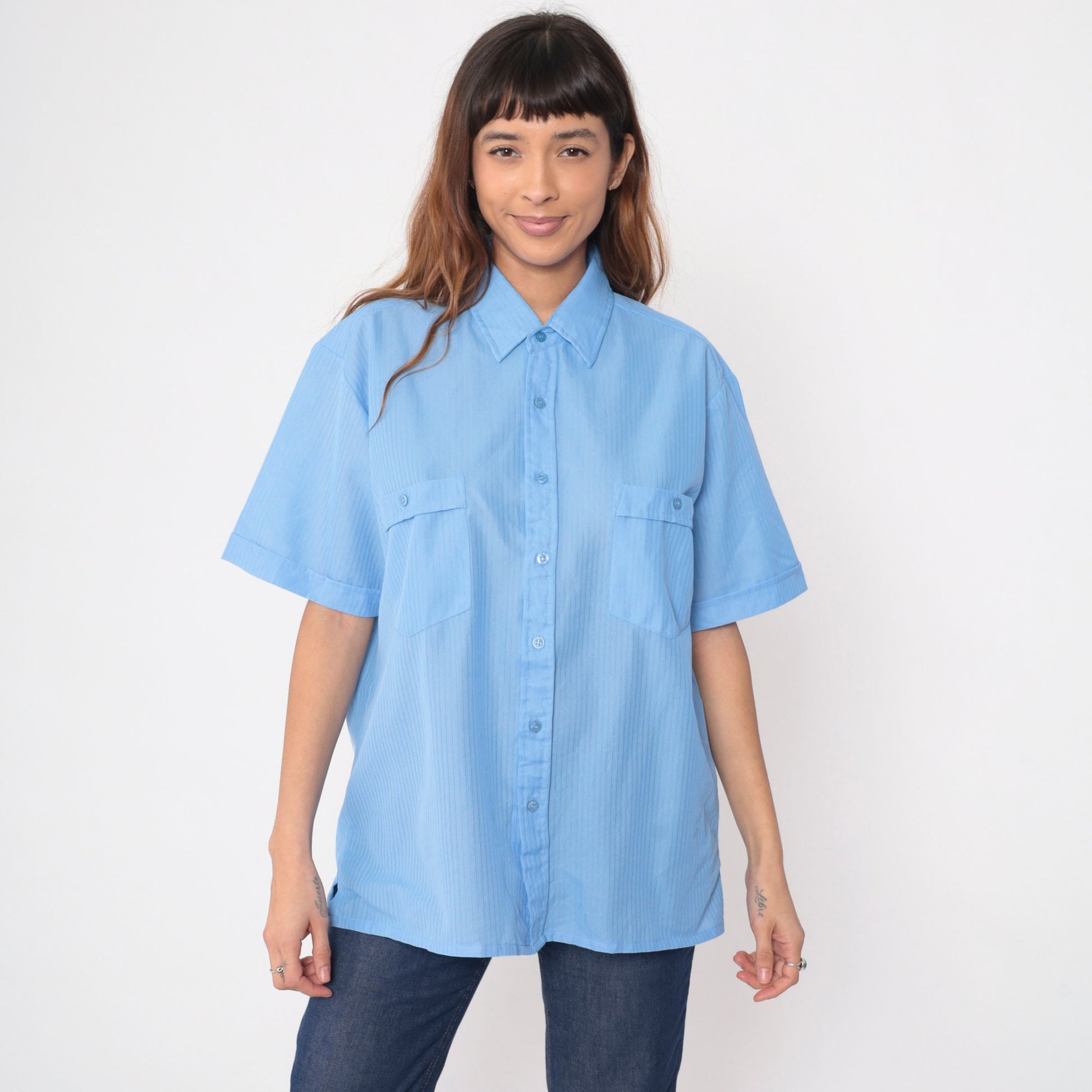 Y2K Haband Light Blue Striped Button Up Shirt Short Sleeve Men's Large L
