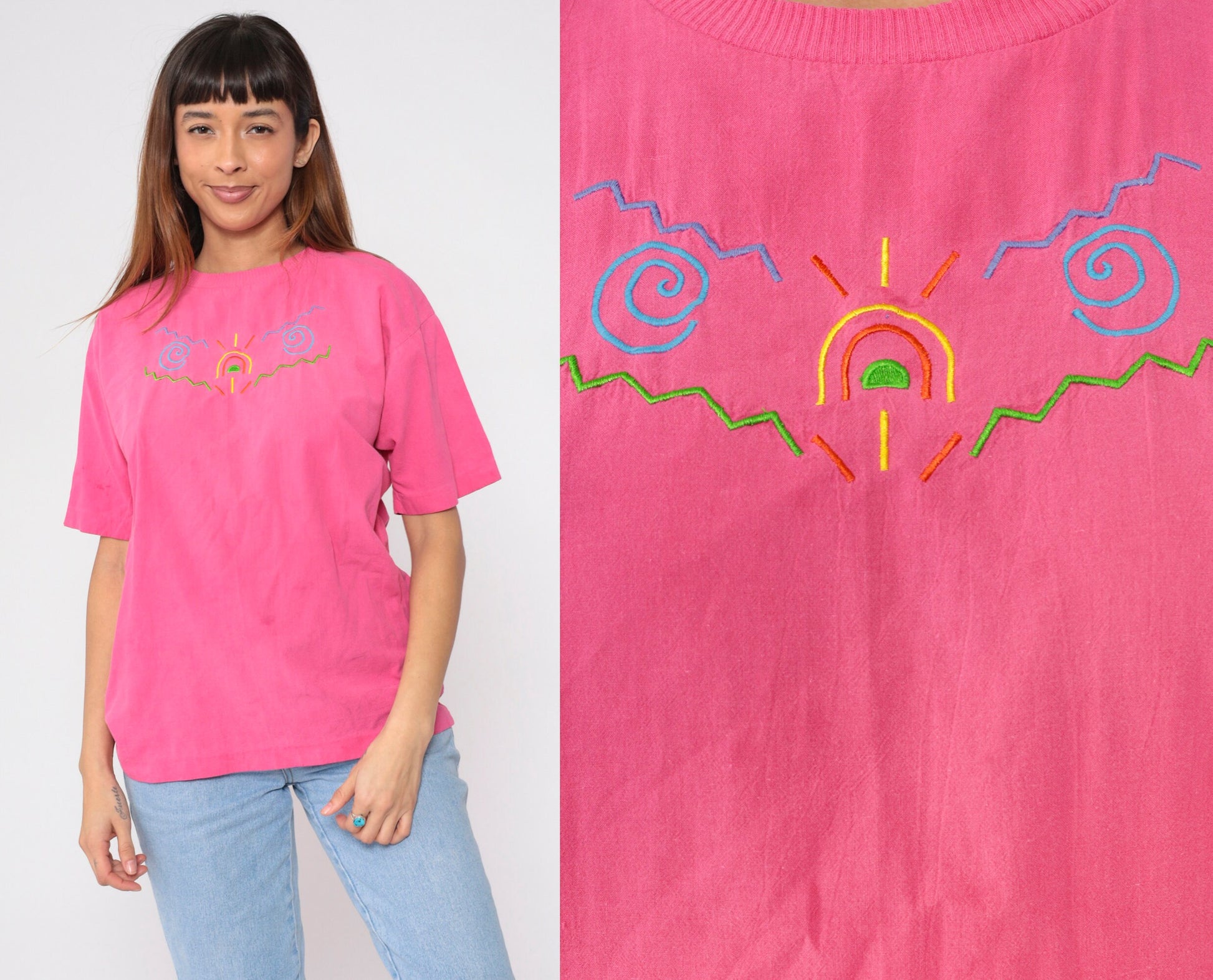 90s Peter Popovitch Embroidered Sun T-Shirt Hot Pink Abstract Tee Medium