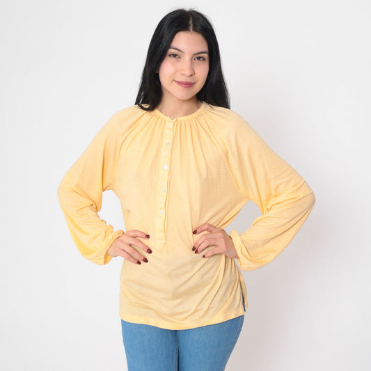 70s Yellow Semi-Sheer Half-Button Blouse Long Sleeve Medium M