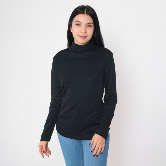 70s Black Turtleneck Long Sleeve Shirt Funnel Neck Layering Top Large L