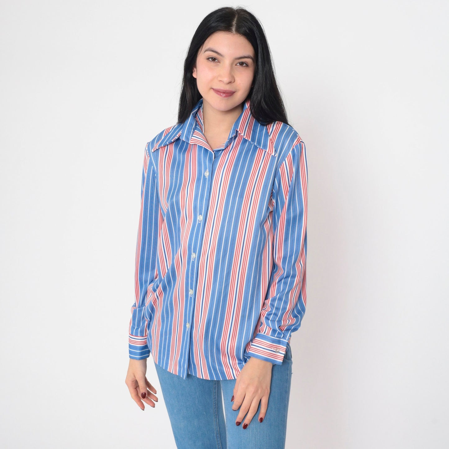 70s Red White Blue Striped Button-Up Blouse Long Sleeve Collared Shirt Medium