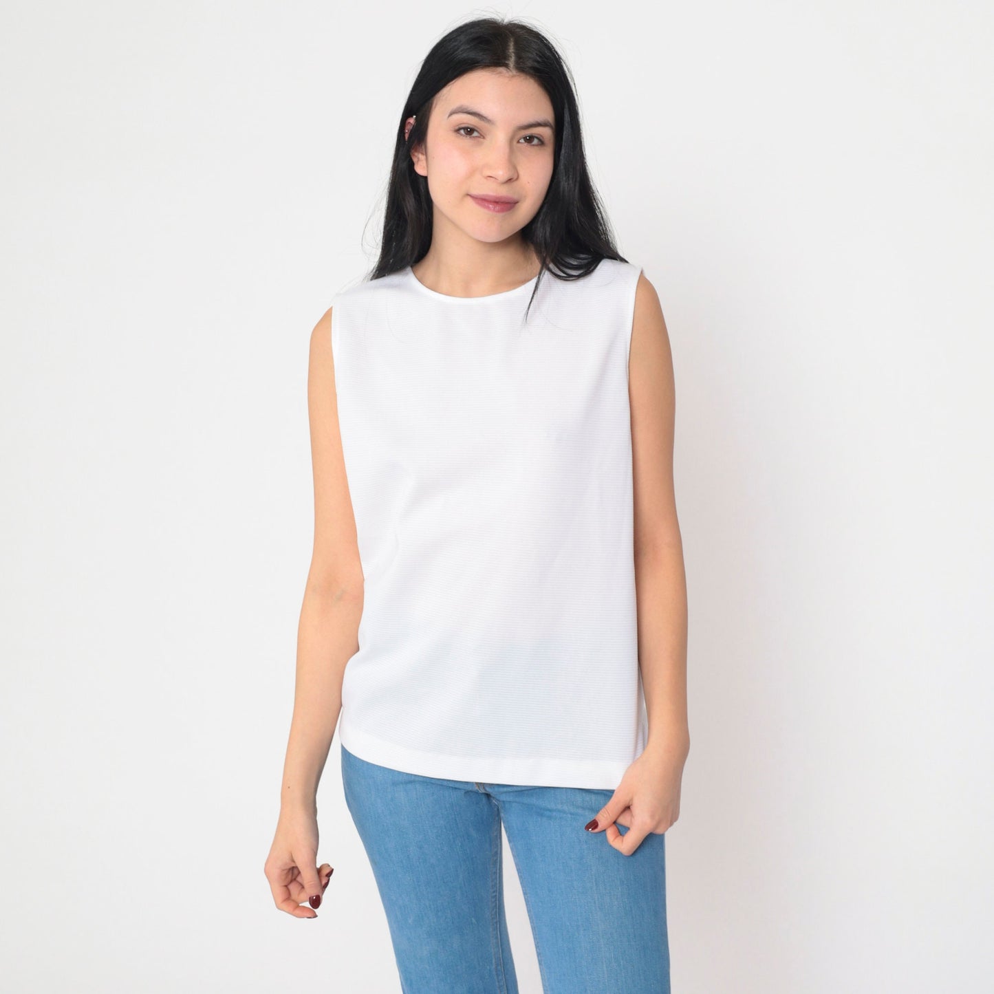70s White Ribbed Tank Top Semi-Sheer Round Neckline Small Medium