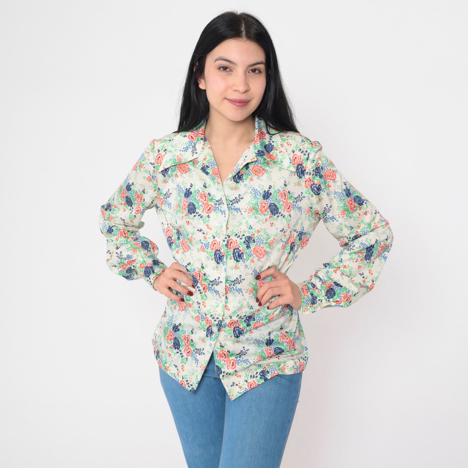 70s Floral Button-Up Blouse Off-White Collared Long Sleeve Medium