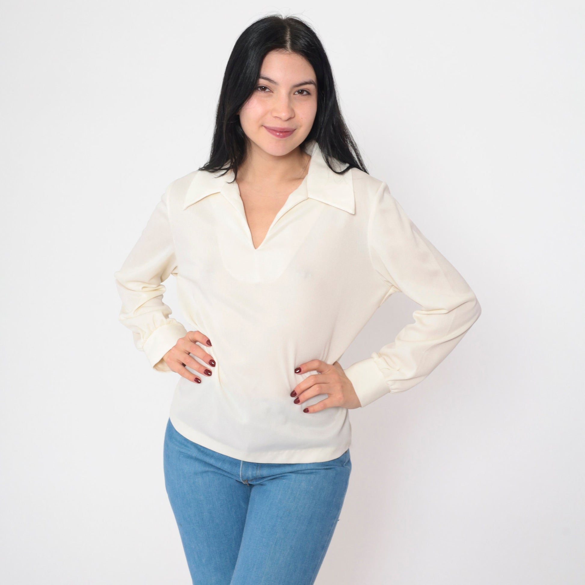 70s Off-White Semi-Sheer Collared Blouse Long Sleeve V Neck Medium