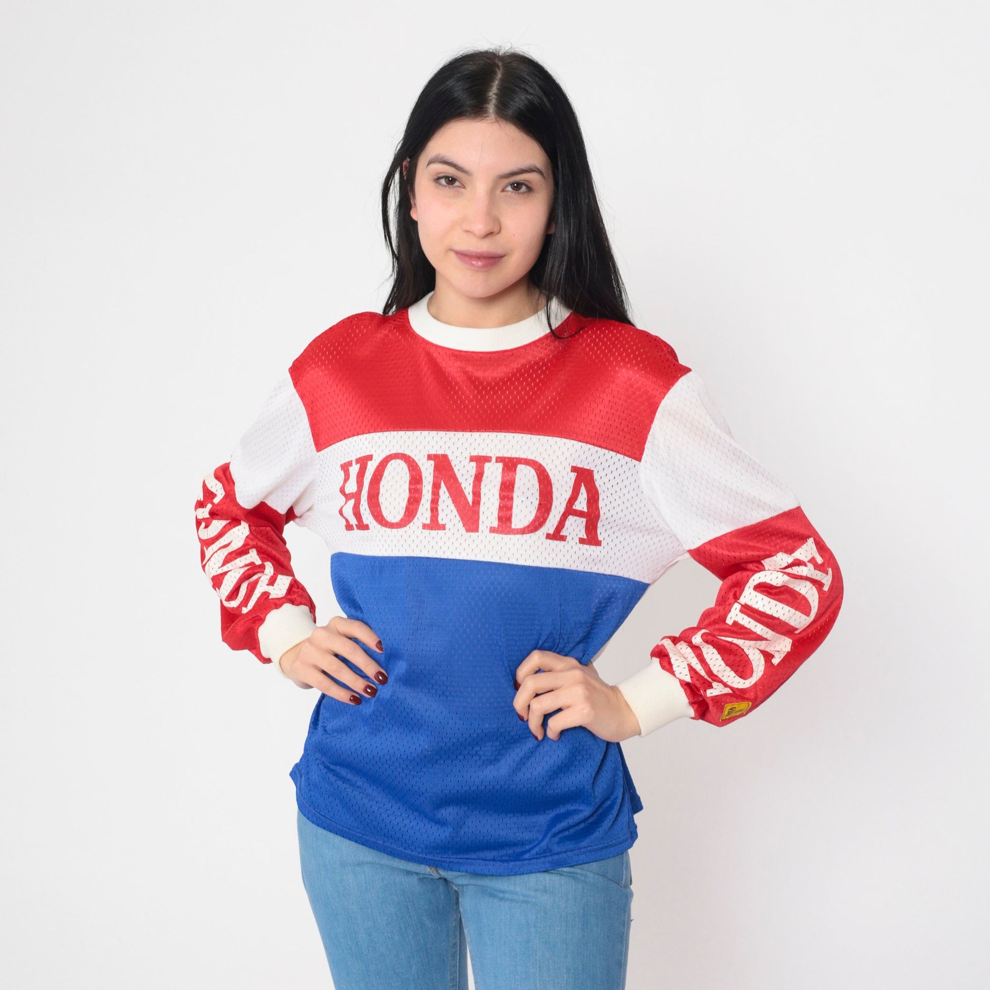 80s Honda Racing Mesh Jersey Red White Blue Viking Patch Small