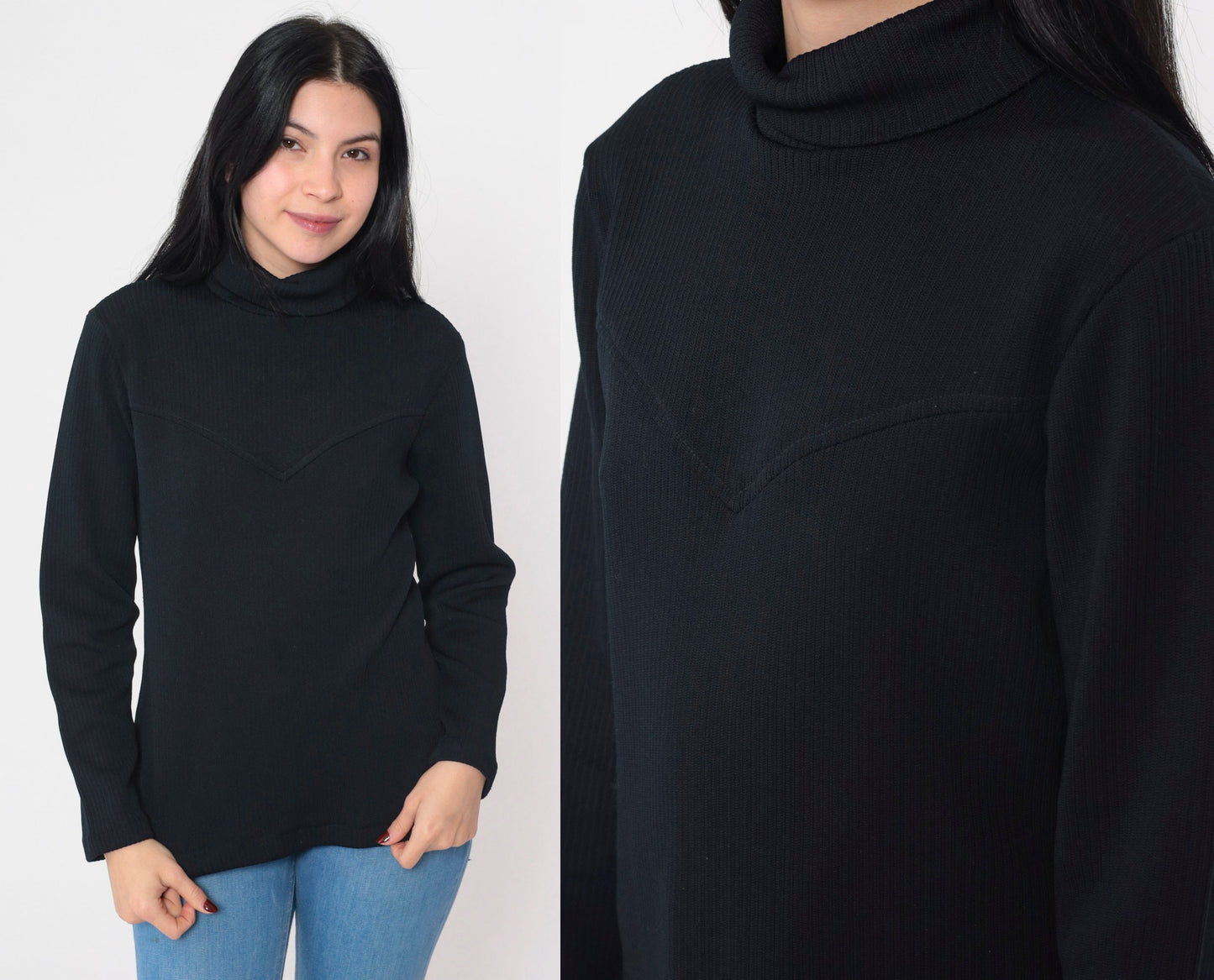 70s Black Ribbed Turtleneck Long Sleeve Knit Top Yoke Zipper Medium M