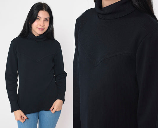 70s Black Ribbed Turtleneck Long Sleeve Knit Top Yoke Zipper Medium M
