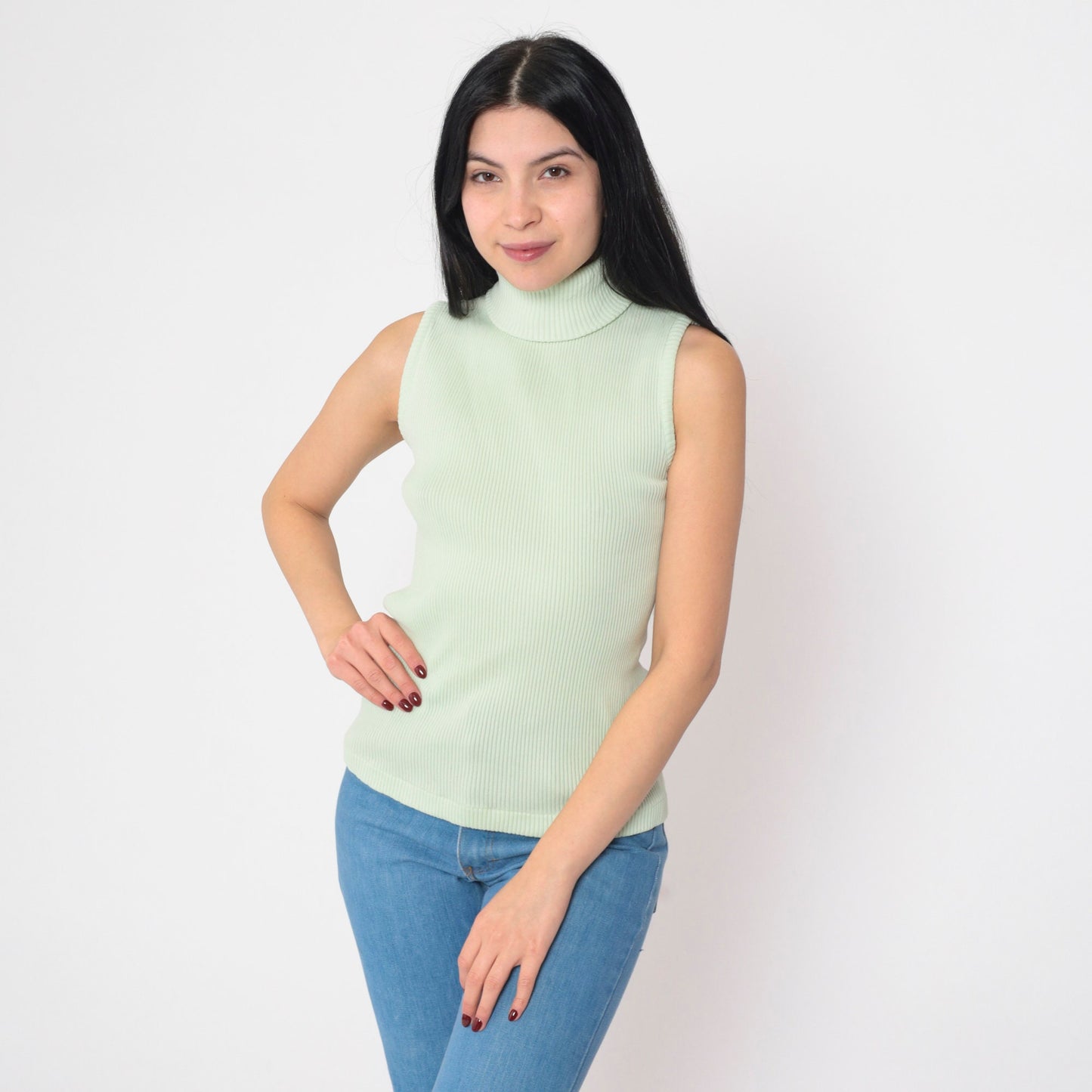 70s Mint Green Sleeveless Mock Neck Tank Top Small Medium