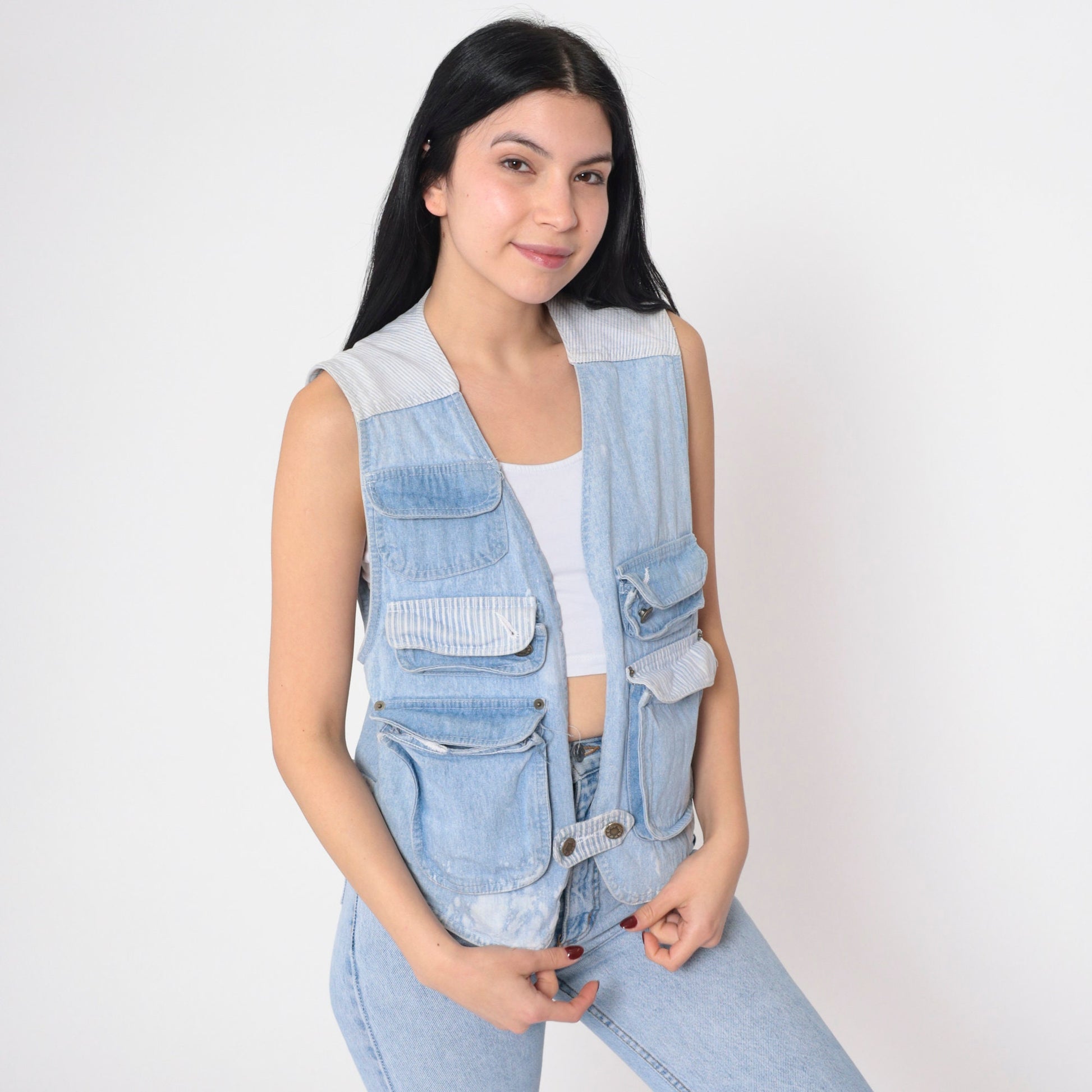 90s Blue Denim Cargo Vest Striped Button-Up Sleeveless Small S