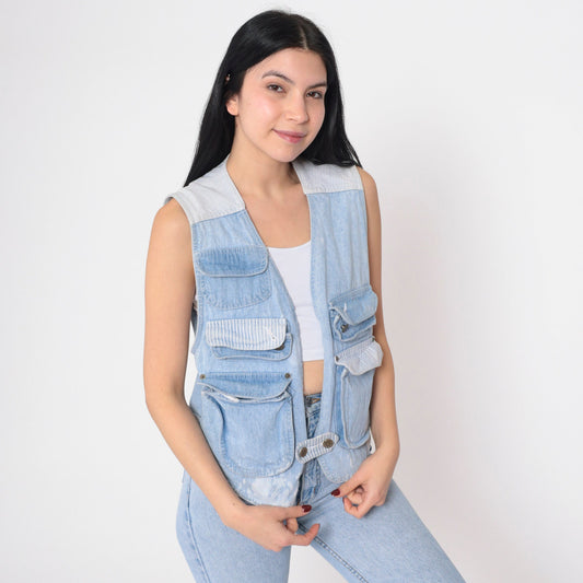90s Blue Denim Cargo Vest Striped Button-Up Sleeveless Small S