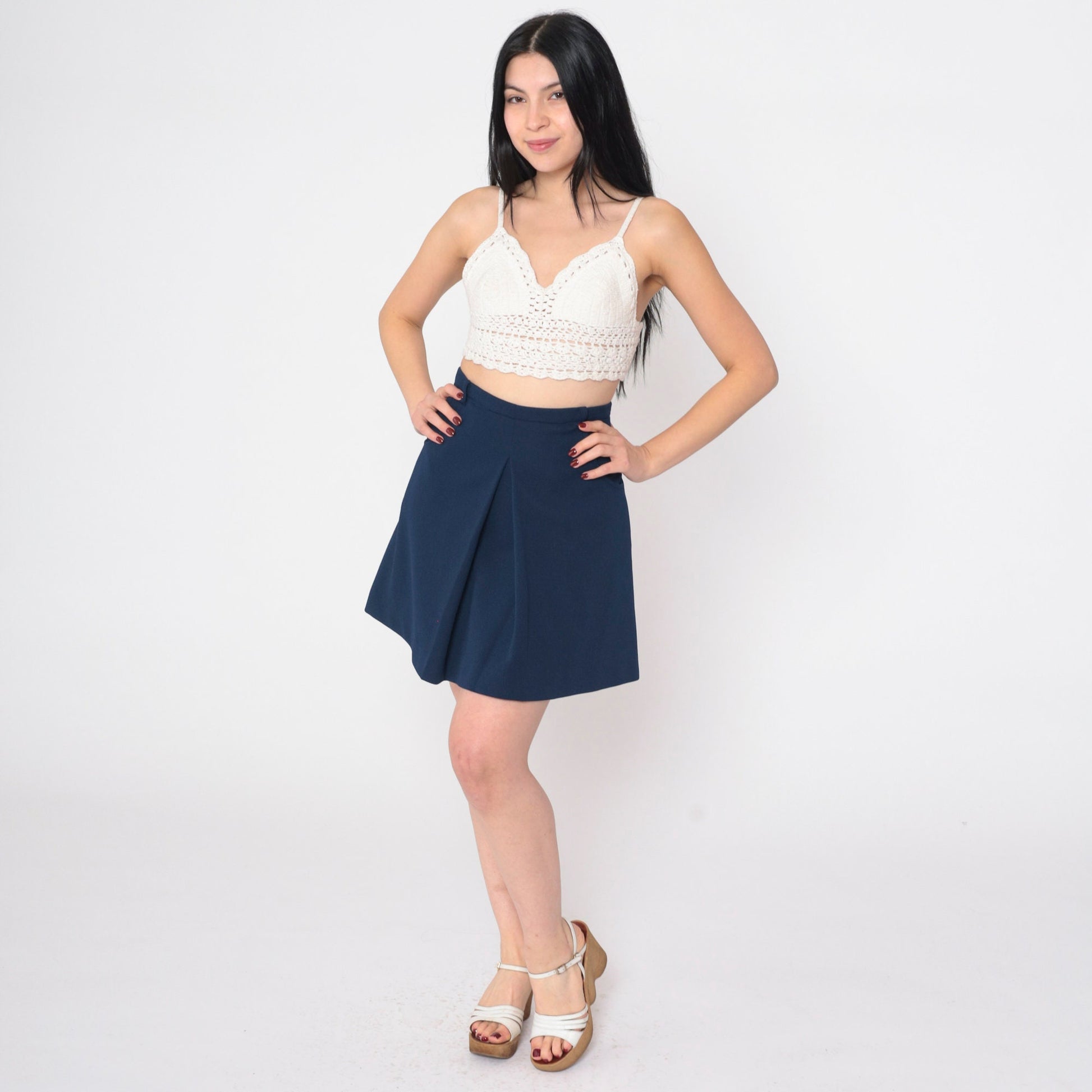 70s Navy Blue Mini Skort Pleated A-Line High Waisted Medium M