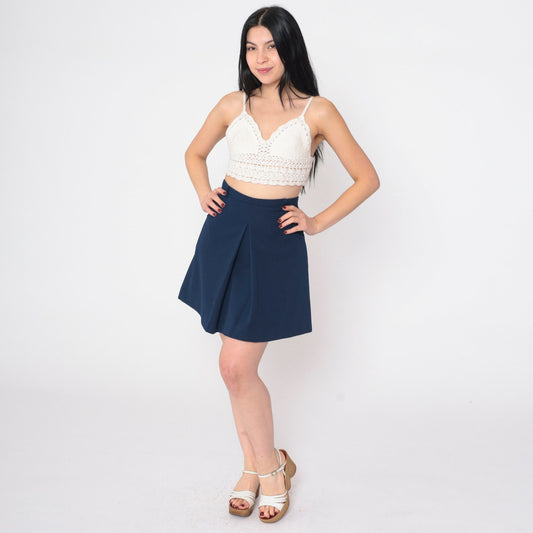 70s Navy Blue Mini Skort Pleated A-Line High Waisted Medium M