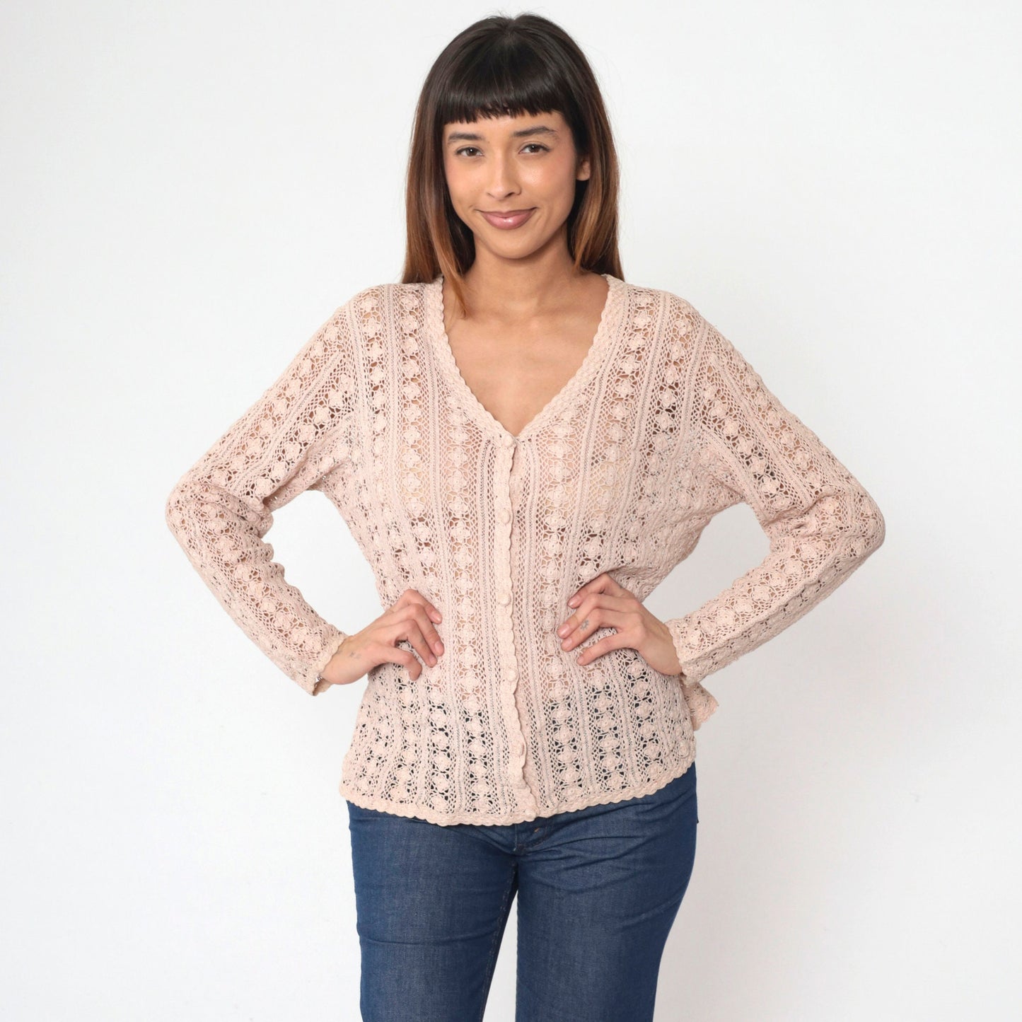 90s Blush Beige Crochet Cardigan Floral Cutout Cotton Knit Large