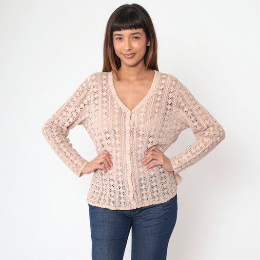 90s Blush Beige Crochet Cardigan Floral Cutout Cotton Knit Large