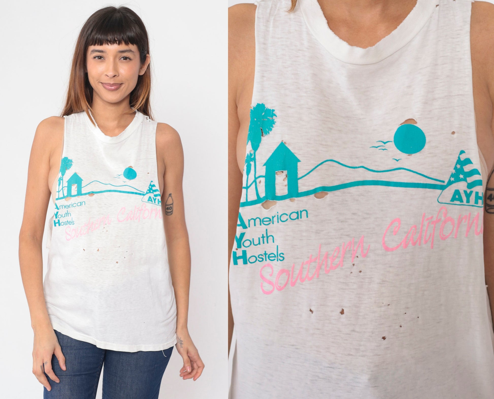 90s American Youth Hostels Tank Top California Palm Tree Graphic Distressed Medium