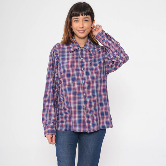 70s Plaid Button-Up Shirt Red Blue White Tartan Cotton Blend Large