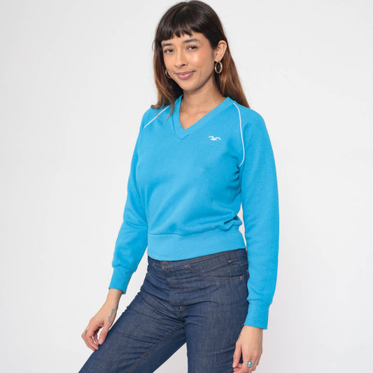 80s Wrangler Bird Logo Raglan Sweatshirt Bright Blue V-Neck Extra Small