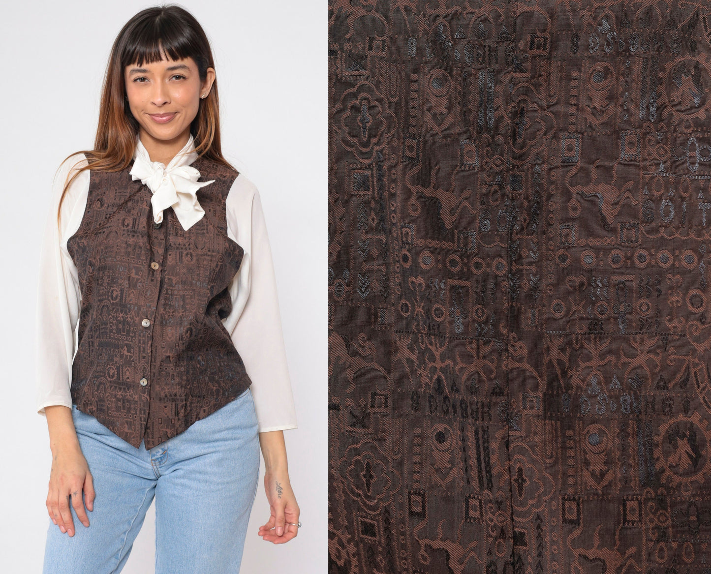 90s Off-White Button-Up Blouse with Attached Brown Vest and Necktie Medium