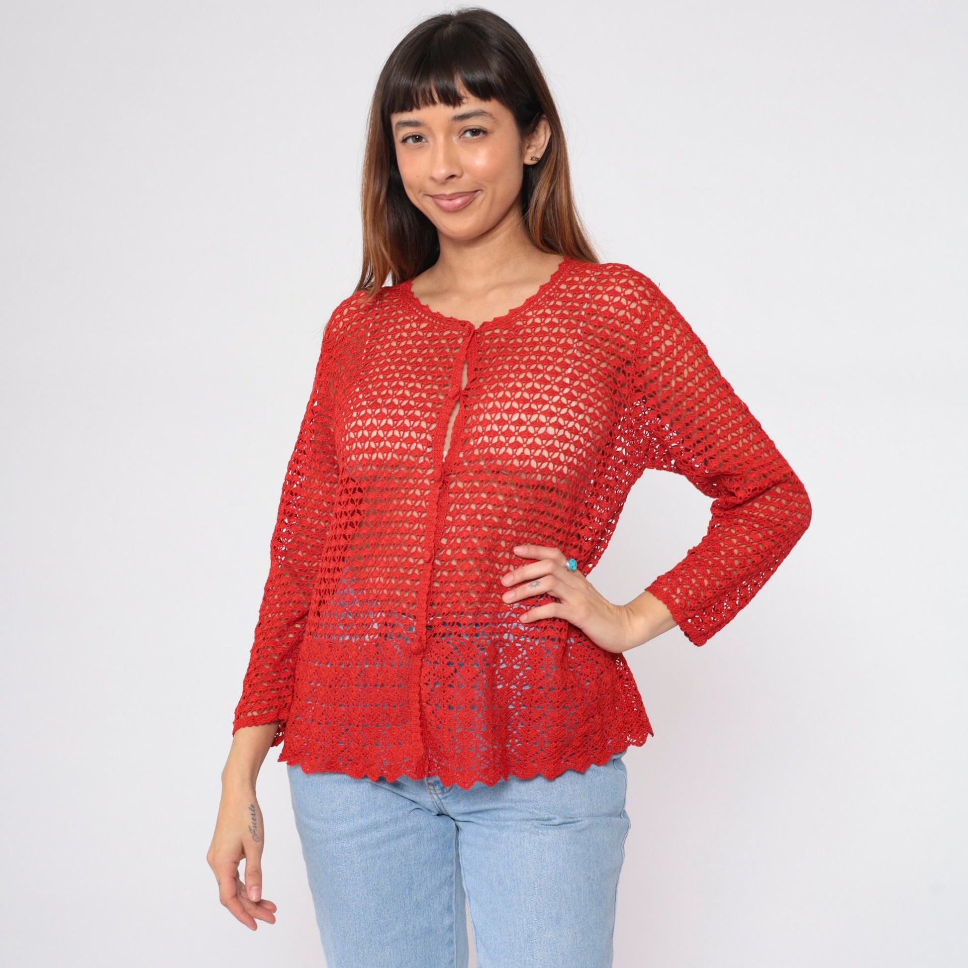 90s Red Crochet Cardigan Floral Cutout Button-Up Sweater Large L