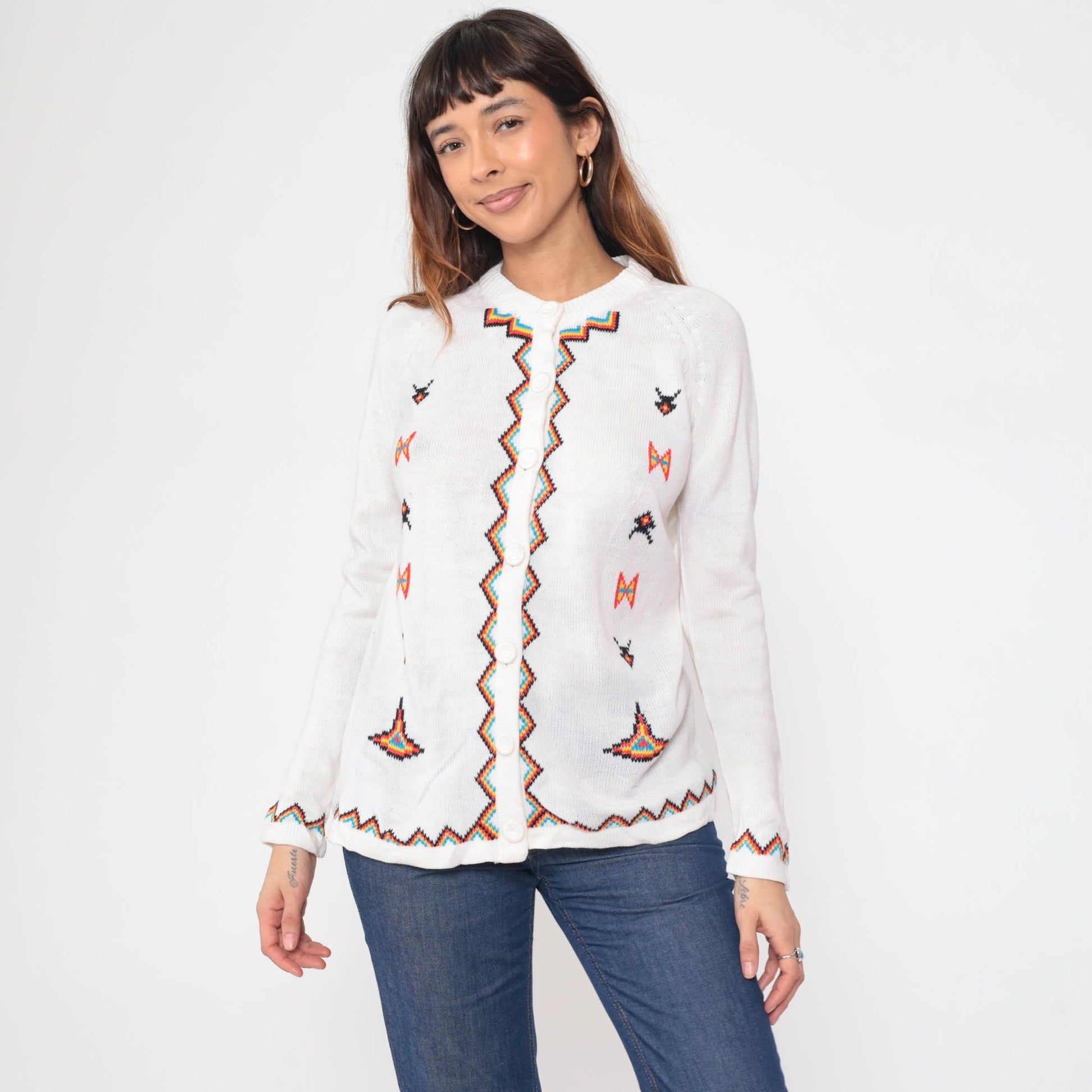60s White Geometric Zig Zag Cardigan Raglan Sleeve Knit Small