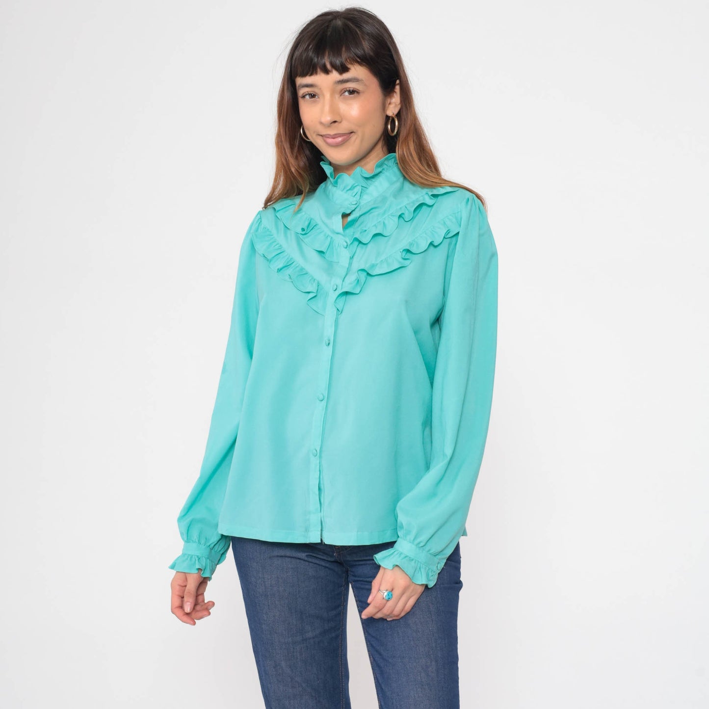 70s Pykettes Turquoise Puff Sleeve Button-Up Blouse Ruffled High Neck Medium
