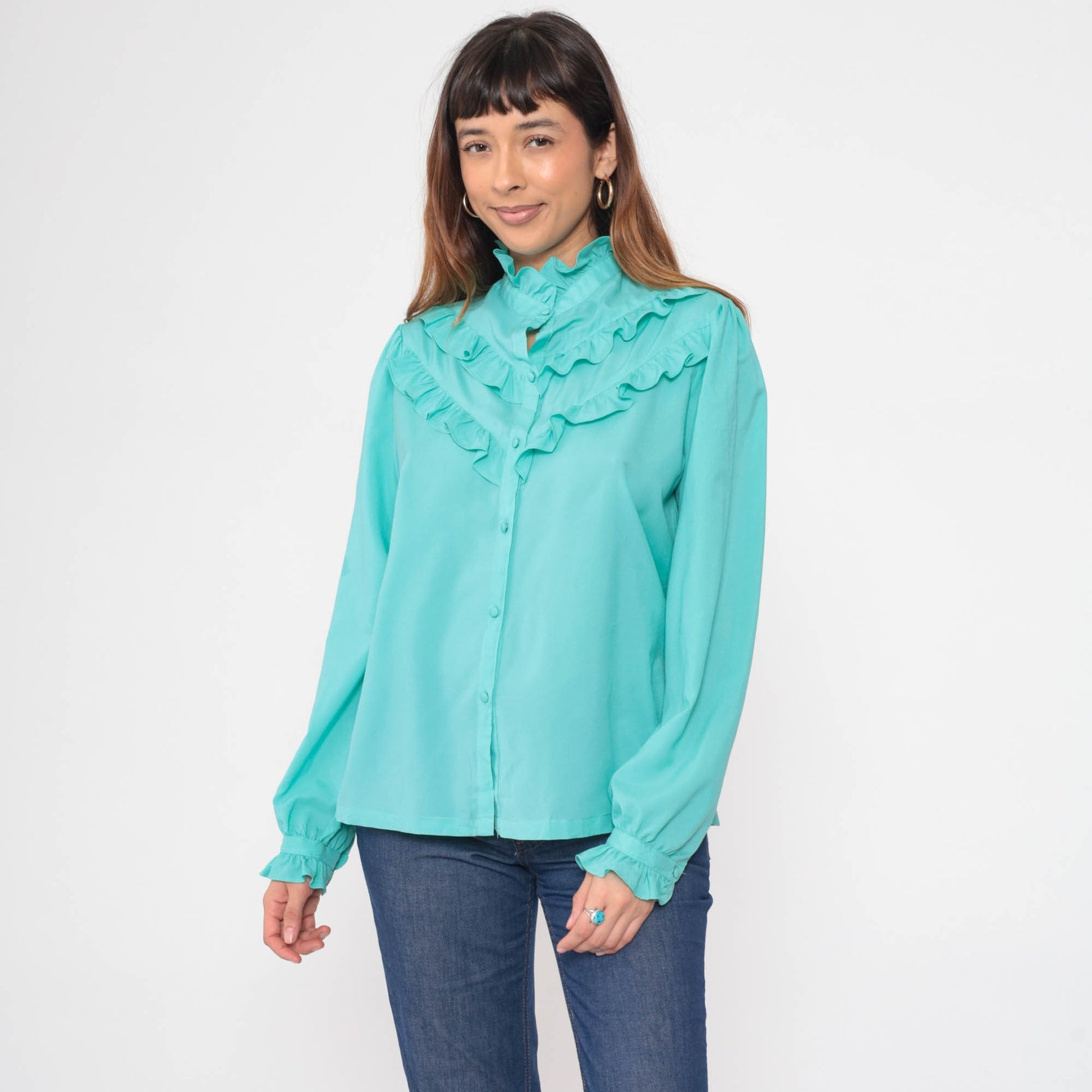 70s Pykettes Turquoise Puff Sleeve Button-Up Blouse Ruffled High Neck Medium