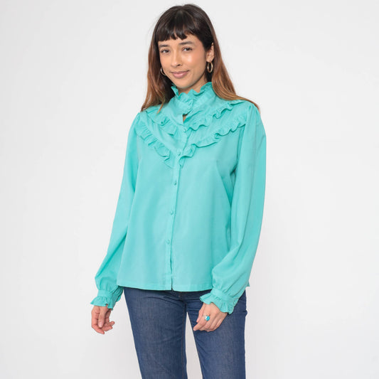 70s Pykettes Turquoise Puff Sleeve Button-Up Blouse Ruffled High Neck Medium