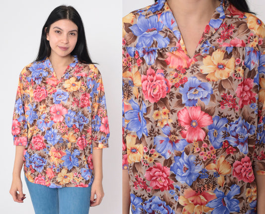 70s Floral Pleated Blouse Collared V-Neck 3/4 Sleeve Medium