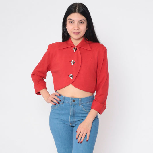 60s Red Wool Cropped Blazer Jacket Rhinestone Buttons 3/4 Sleeve Small S