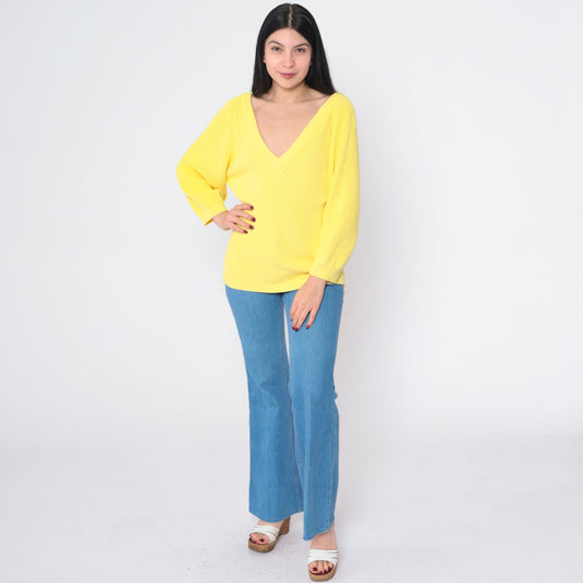 80s Yellow Cotton V-Neck Pullover Sweater Small S