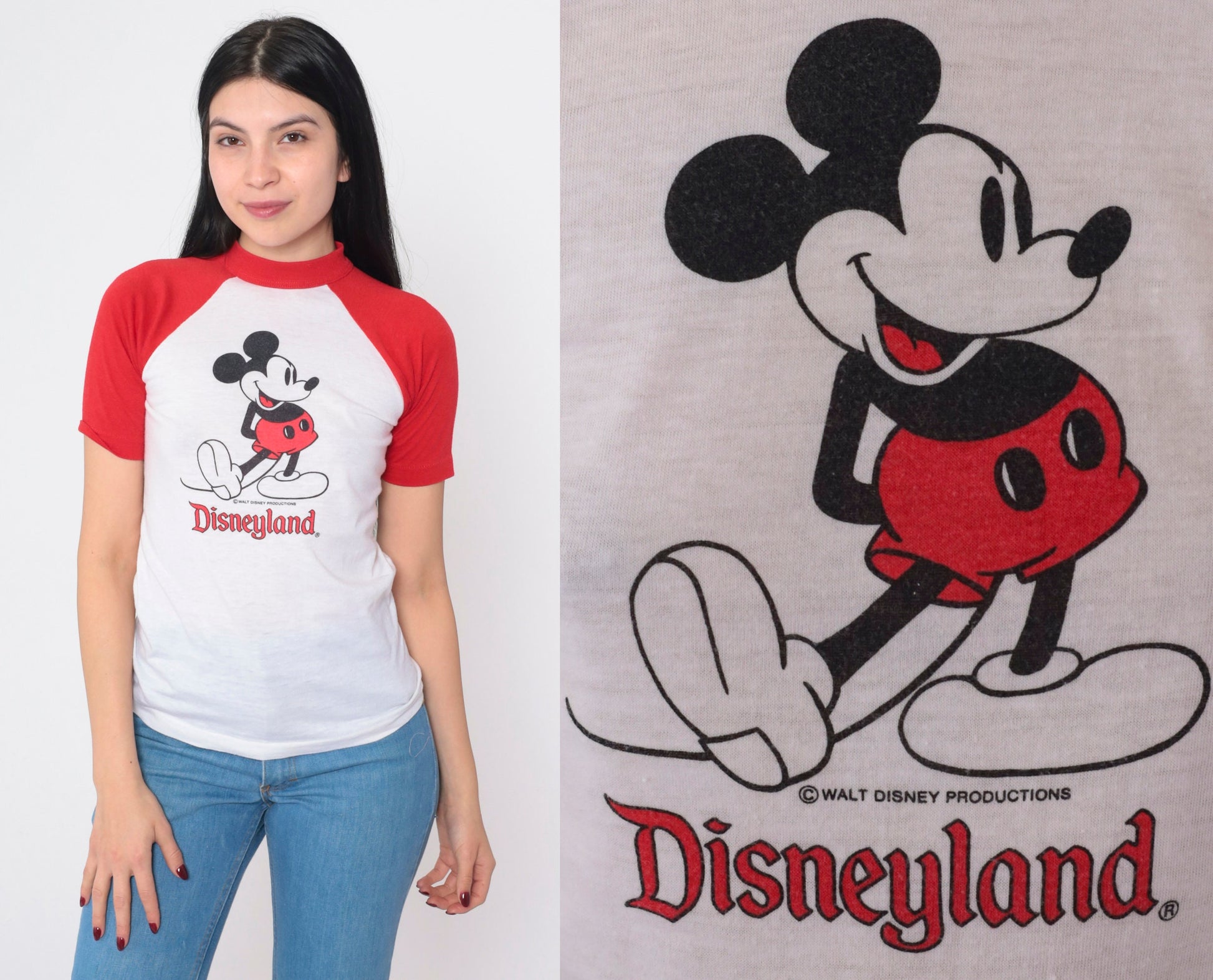 80s Disneyland Mickey Mouse Raglan T-Shirt White Red Graphic Cotton Extra Small XS