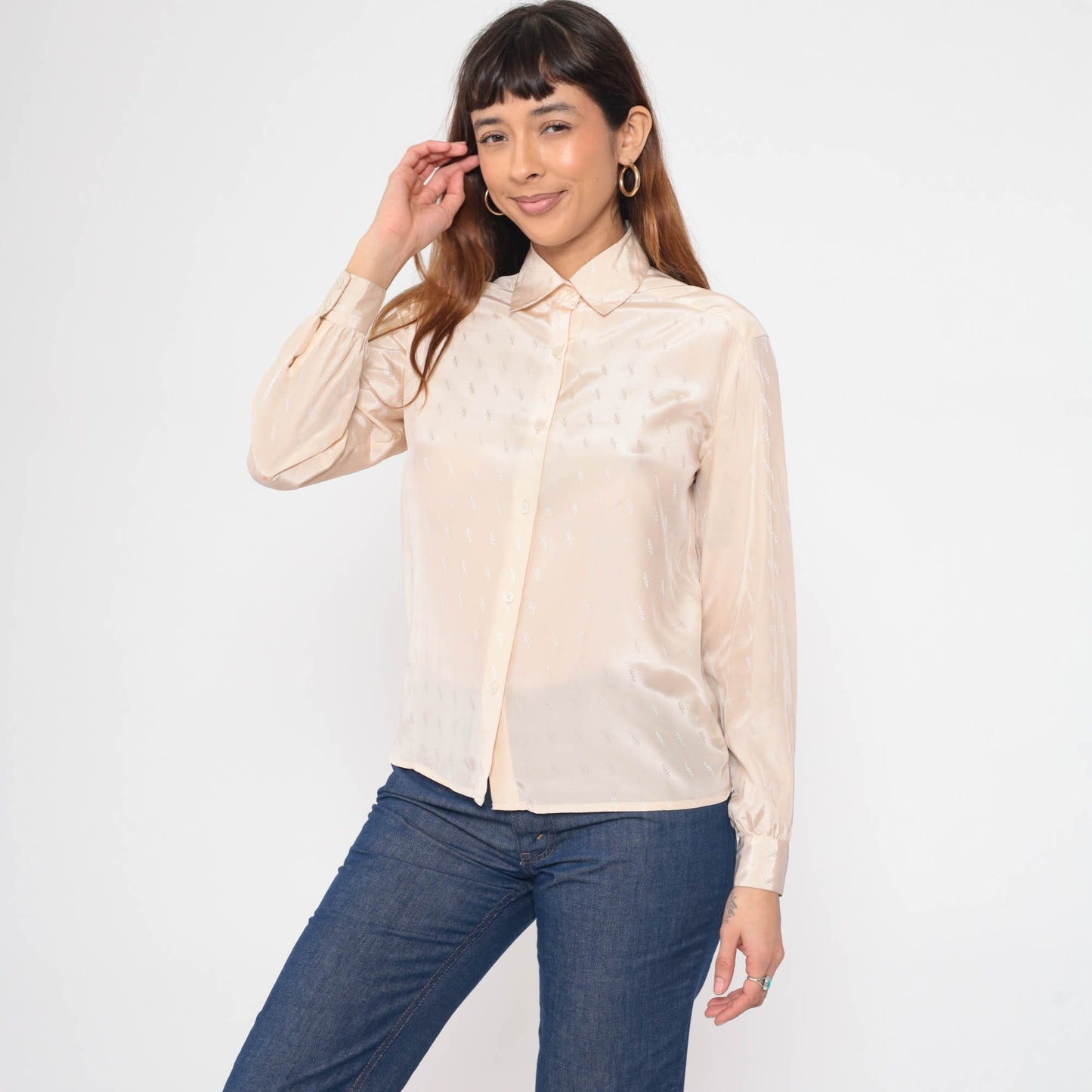 80s Cream Embossed Geometric Button-Up Blouse Long Sleeve Collared Shirt Small