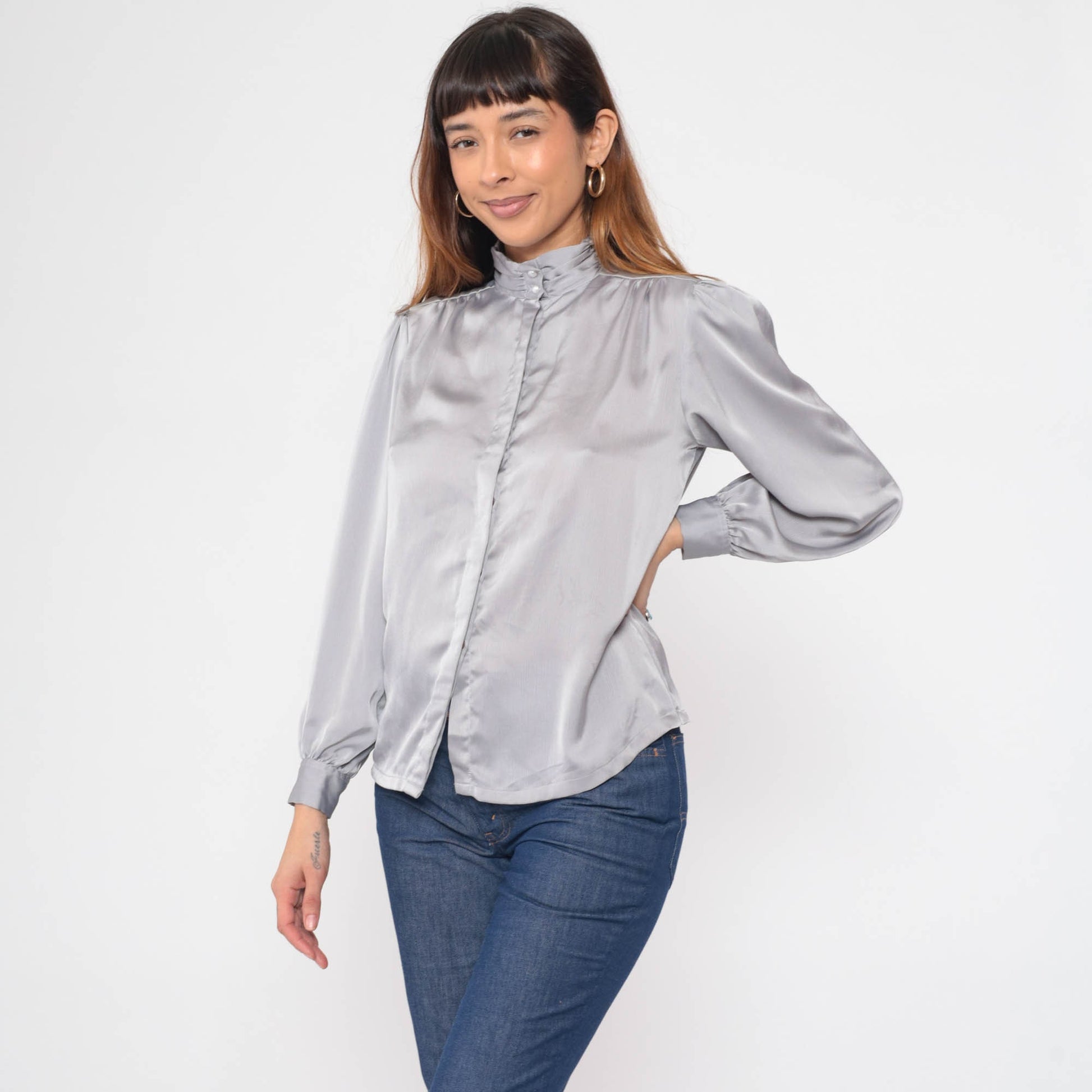 80s Silver Grey Puff Sleeve Blouse Pearl Button Mock Neck Medium