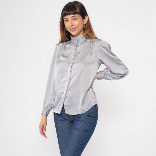 80s Silver Grey Puff Sleeve Blouse Pearl Button Mock Neck Medium