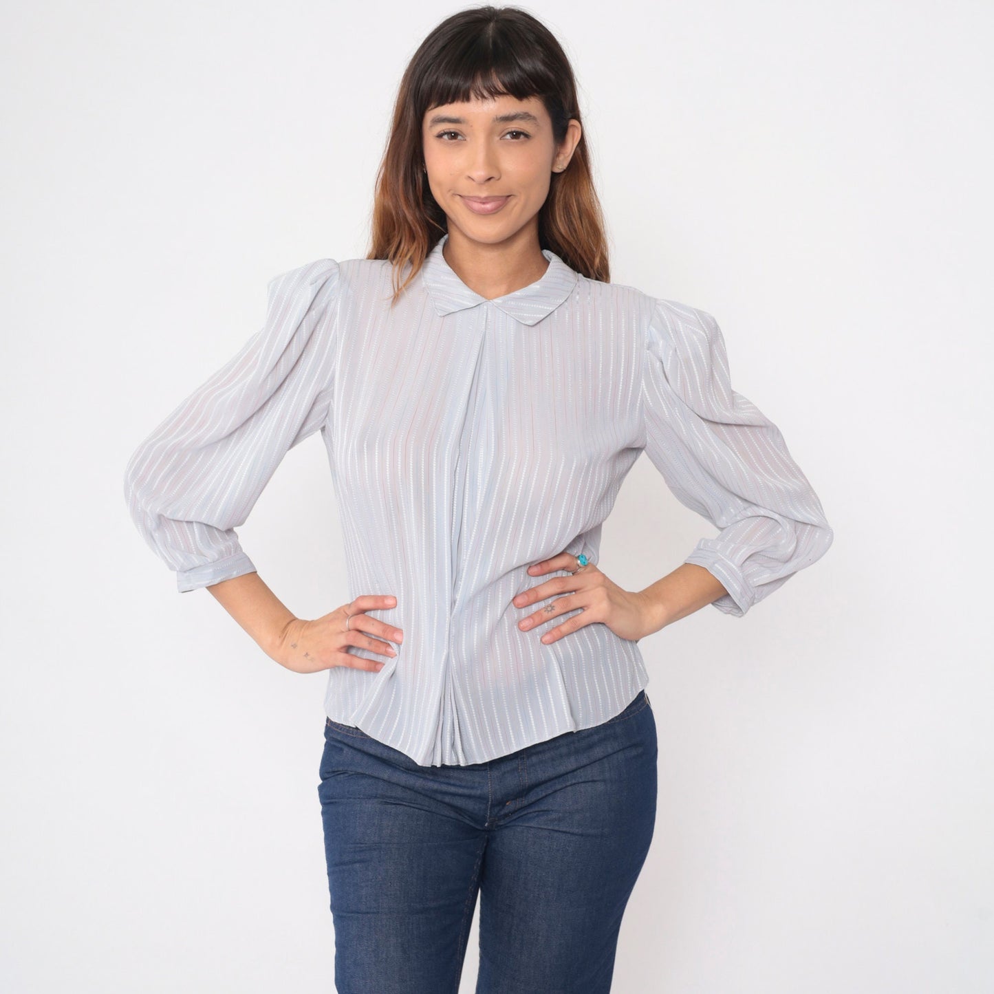 80s Pure Class Grey Pinstriped Puff Sleeve Blouse Button Back Medium