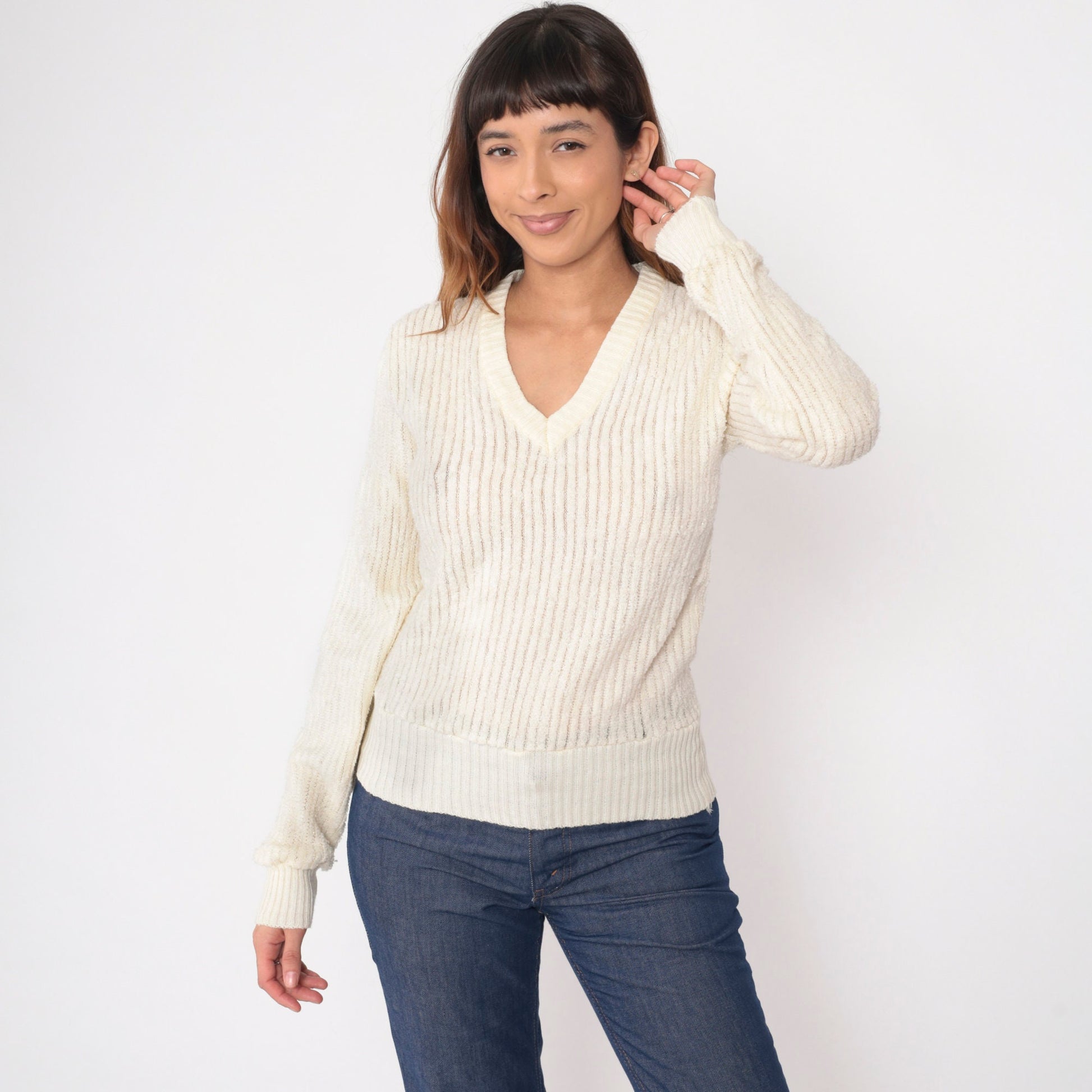70s Terry Cloth V-Neck Sweatshirt Cream Ribbed Pullover XS