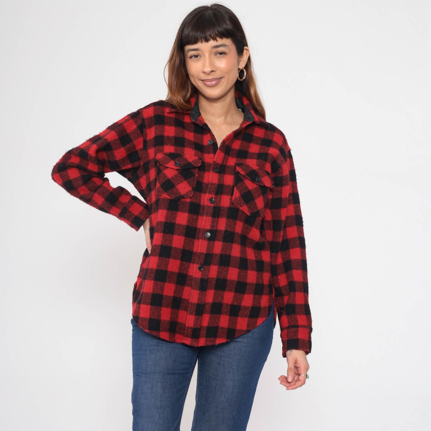 80s Woolrich Buffalo Plaid Wool Shirt Red Black Button Up Medium