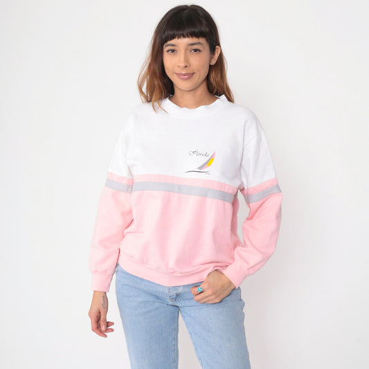 80s Florida Sailboat Sweatshirt Baby Pink White Color Block Crewneck Medium