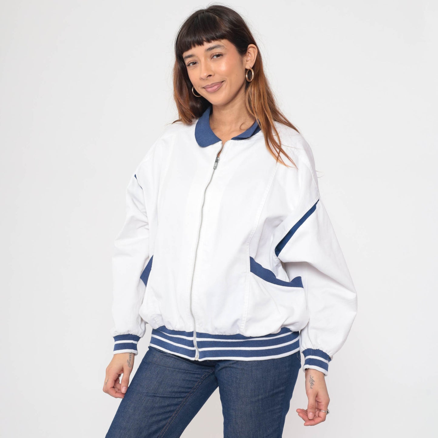 80s White Windbreaker Jacket Dark Blue Stripes Full Zip Track Jacket Extra Large XL