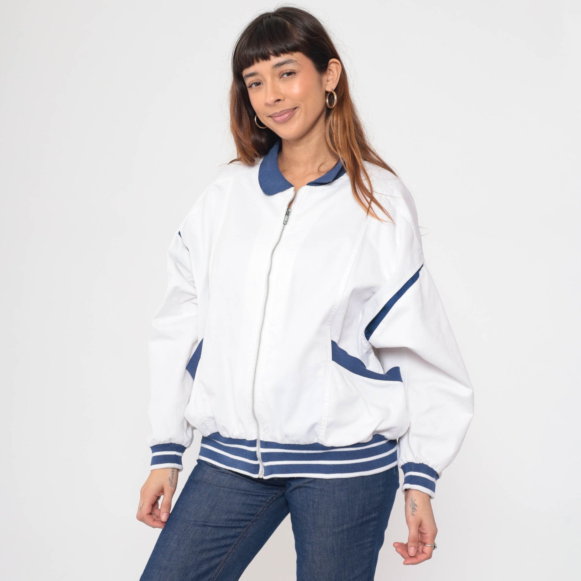 80s White Windbreaker Jacket Dark Blue Stripes Full Zip Track Jacket Extra Large XL