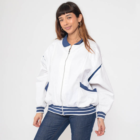 80s White Windbreaker Jacket Dark Blue Stripes Full Zip Track Jacket Extra Large XL
