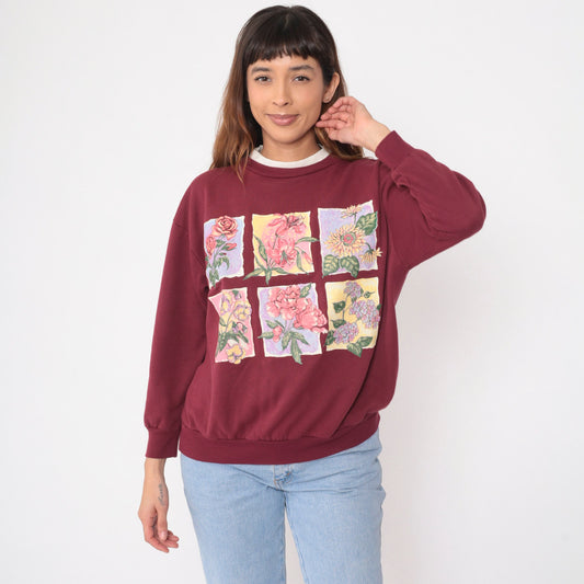 90s Burgundy Floral Sweatshirt Double Collar Crewneck Pullover Large L