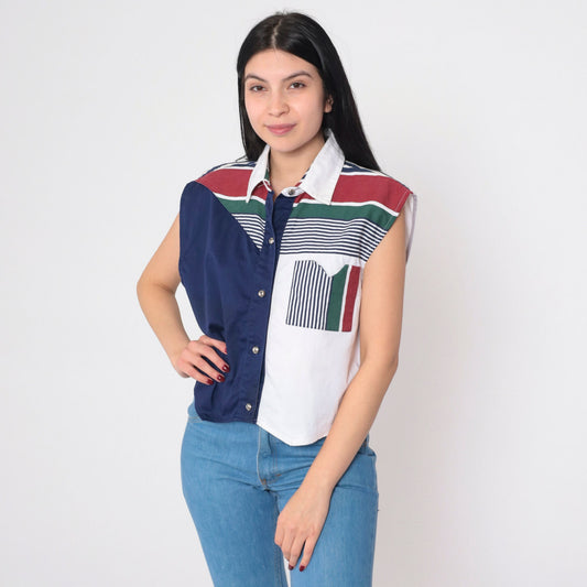 90s Banjo Striped Color Block Tank Top White Navy Collared Large L