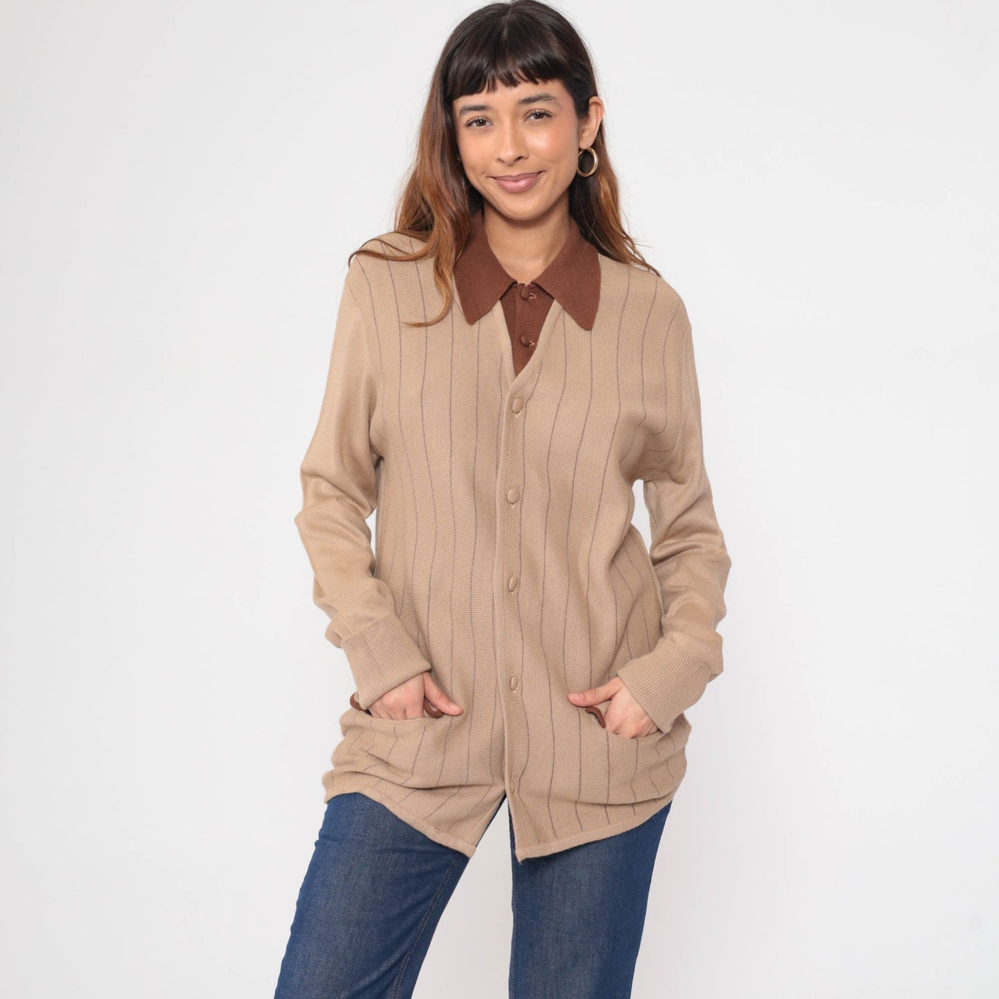 70s Berchielli Striped Cardigan Tan Brown Collared Button-Up Knit Medium
