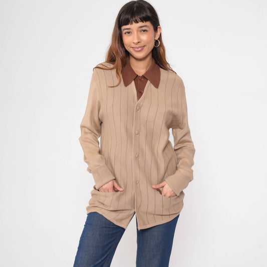 70s Berchielli Striped Cardigan Tan Brown Collared Button-Up Knit Medium