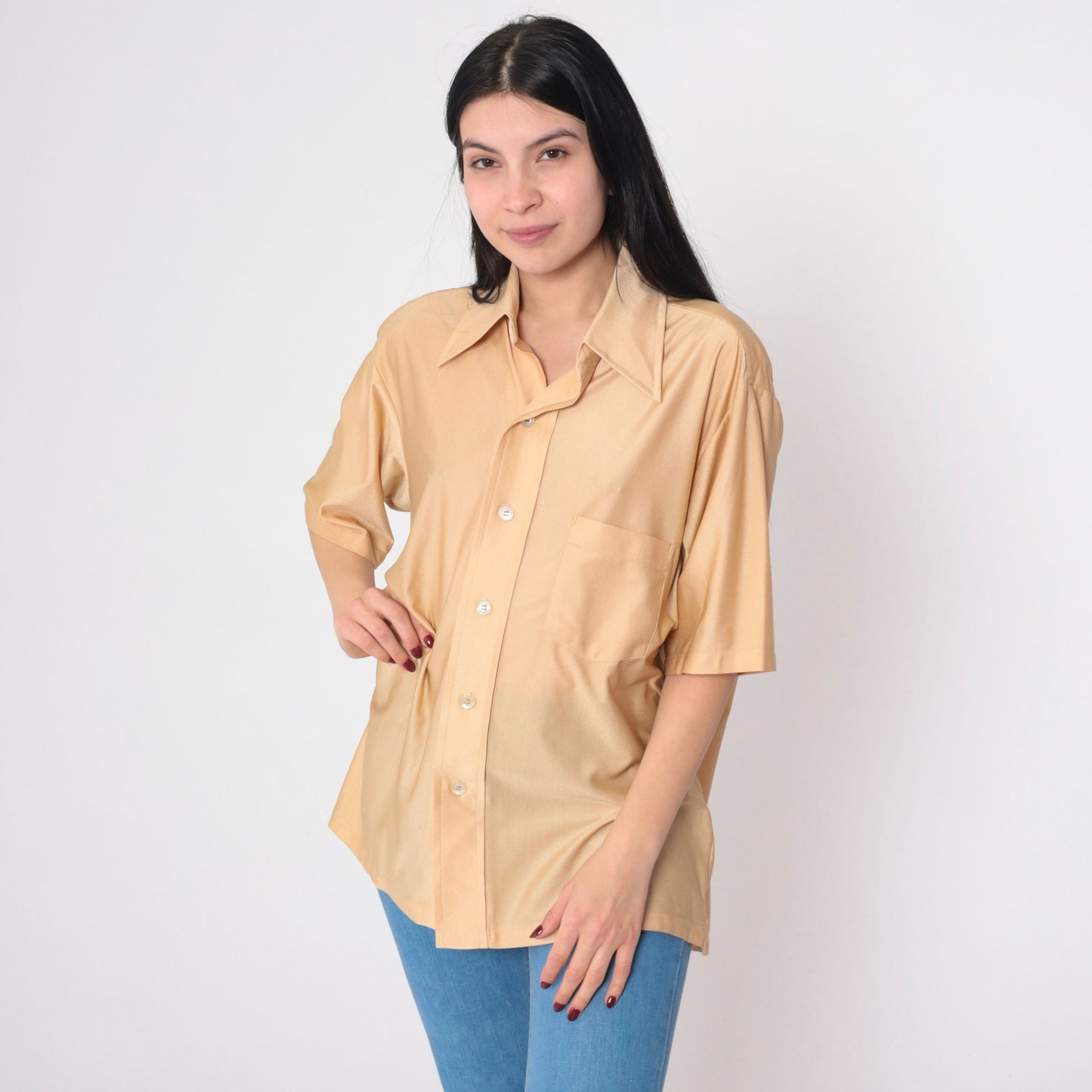 70s Ohrbach's Tan Nylon Button-Up Shirt Pointed Collar Short Sleeve Large