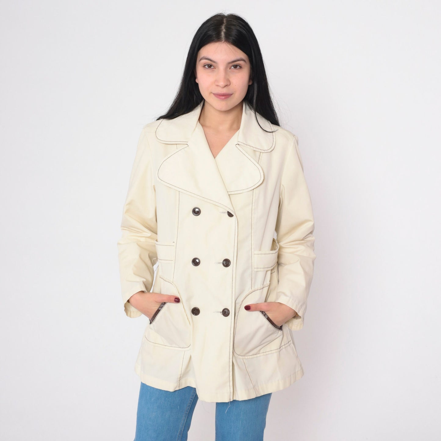 70s Cream Pea Coat Double Breasted Faux Fur Lined Sailor Jacket Extra Small